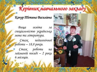 Керівник навчального закладу
Качур Тетяна Василівна
Вища освіта за
спеціальністю українська
мова та література.
Стаж педагогічної
роботи – 18,8 років.
Стаж роботи на
займаній посаді – 2 роки
6 місяців.
 