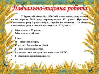 Навчально-виховна робота
У Турицькій гімназії у 2020-2021 навчальному році станом
на 01 вересня 2020 року нараховувалось 121 учень. Протягом
навчального року 1 учень вибув, 1 прибув на навчання. На кінець
навчального року в школі нараховується 121 учень:
• 1-4-х класах – 57 учень,
5-9-х класах – 64 учні.
• З них :
• 15 - дітей-напівсиріт,
• 43 - діти із багатодітних сімей,
• 4 - діти із неповних сімей
• 1 – дитина, яка постраждала внаслідок ЧАЕС,
• 4 - дітей циганської народності.
•
 