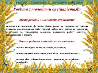 Робота з молодими спеціалістами
Мета роботи з молодими вчителями:
сприяння підвищенню фахового рівня, розвитку творчого потенціалу
вчителя, удосконаленню майстерності, озброєнню новітніми знаннями,
методикою та технологією навчання, полегшити роботу вчителя і
закохати його в справу.
Форми роботи з молодими вчителями:
- школа молодого вчителя: теорія, практика;
- наставництво: навчальна діяльність , виховний процес;
- самоосвіта: робочий щоденник, створення педагогічного
портфоліо.
 