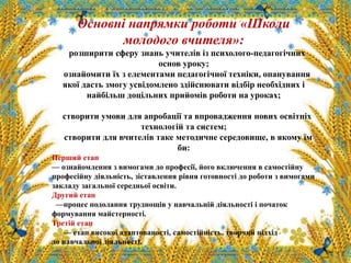 Основні напрямки роботи «Школи
молодого вчителя»:
розширити сферу знань учителів із психолого-педагогічних
основ уроку;
ознайомити їх з елементами педагогічної техніки, опанування
якої дасть змогу усвідомлено здійснювати відбір необхідних і
найбільш доцільних прийомів роботи на уроках;
створити умови для апробації та впровадження нових освітніх
технологій та систем;
створити для вчителів таке методичне середовище, в якому їм
би:
Перший етап
— ознайомлення з вимогами до професії, його включення в самостійну
професійну діяльність, зіставлення рівня готовності до роботи з вимогами
закладу загальної середньої освіти.
Другий етап
—процес подолання труднощів у навчальній діяльності і початок
формування майстерності.
Третій етап
— етап високої адаптованості, самостійність, творчий підхід
до навчальної діяльності.
 