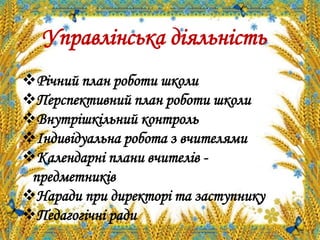 Управлінська діяльність
Річний план роботи школи
Перспективний план роботи школи
Внутрішкільний контроль
Індивідуальна робота з вчителями
Календарні плани вчителів -
предметників
Наради при директорі та заступнику
Педагогічні ради
 