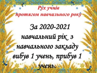 Рух учнів
протягом навчального року
За 2020-2021
навчальний рік з
навчального закладу
вибув 1 учень, прибув 1
учень.
 