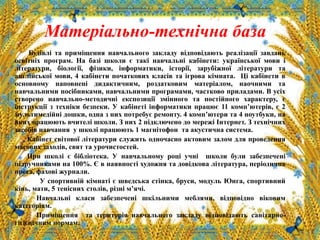 Матеріально-технічна база
Будівлі та приміщення навчального закладу відповідають реалізації завдань
освітніх програм. На базі школи є такі навчальні кабінети: української мови і
літератури, біології, фізики, інформатики, історії, зарубіжної літератури та
англійської мови, 4 кабінети початкових класів та ігрова кімната. Ці кабінети в
основному наповнені дидактичним, роздатковим матеріалом, наочними та
навчальними посібниками, навчальними програмами, частково приладами. В усіх
створено навчально-методичні експозиції змінного та постійного характеру, є
інструкції з техніки безпеки. У кабінеті інформатики працює 11 комп’ютерів, є 2
мультимедійні дошки, одна з них потребує ремонту. 4 комп’ютери та 4 ноутбуки, на
яких працюють вчителі школи. З них 2 підключено до мережі Інтернет. З технічних
засобів навчання у школі працюють 1 магнітофон та акустична система.
Кабінет світової літератури служить одночасно актовим залом для проведення
масових заходів, свят та урочистостей.
При школі є бібліотека. У навчальному році учні школи були забезпечені
підручниками на 100%. Є в наявності художня та довідкова література, періодична
преса, фахові журнали.
У спортивній кімнаті є шведська стінка, бруси, модуль Юнга, спортивний
кінь, мати, 5 тенісних столів, різні м’ячі.
Навчальні класи забезпечені шкільними меблями, відповідно віковим
категоріям.
Приміщення та територія навчального закладу відповідають санітарно-
гігієнічним нормам.
 