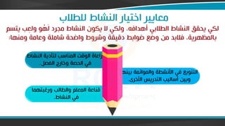 ‫ورغبتاما‬ ‫والطالب‬ ‫المعلم‬ ‫قناعة‬
‫النشاط‬ ‫في‬
.
‫ب‬ ‫والموائمة‬ ‫األنشطة‬ ‫في‬ ‫التنويع‬
‫يناا‬
‫األخرى‬ ‫التدريس‬ ‫فساليب‬ ‫وبين‬
.
‫النش‬ ‫لتأدية‬ ‫المناسب‬ ‫الوقت‬ ‫مراعاة‬
‫اط‬
‫الفال‬ ‫وخارج‬ ‫الحاة‬ ‫في‬
.
‫للطالب‬ ‫النشاط‬ ‫اختيار‬ ‫معايير‬
‫يتسم‬ ‫ب‬ِ
‫ولع‬ ‫و‬ ْ
‫ا‬َ‫ل‬ ‫مجرد‬ ‫النشاط‬ ‫يكون‬ ‫ال‬ ‫ولكي‬ ‫فهدافه‬ ‫الطالبي‬ ‫النشاط‬ ‫يحقق‬ ‫لكي‬
‫ومناا‬ ‫وعامة‬ ‫شاملة‬ ‫واضحة‬ ‫وشروط‬ ‫دقيقة‬ ‫ضوابط‬ ‫وضع‬ ‫من‬ ‫فالبد‬ ‫بالمظارية‬
:
 