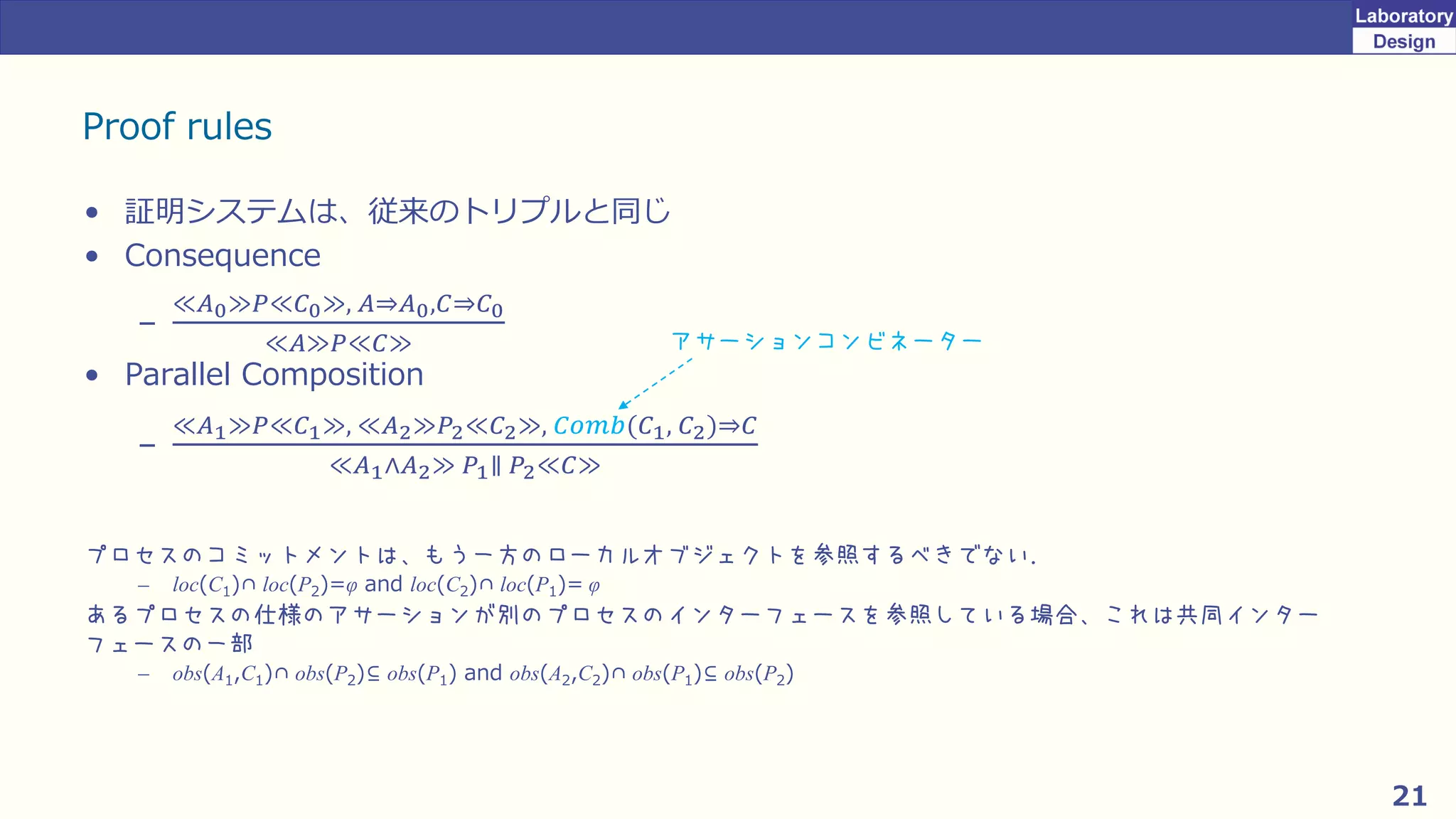 21
Proof rules
• 証明システムは、従来のトリプルと同じ
• Consequence
–
≪𝐴0≫𝑃≪𝐶0≫, 𝐴⇒𝐴0,𝐶⇒𝐶0
≪𝐴≫𝑃≪𝐶≫
• Parallel Composition
–
≪𝐴1≫𝑃≪𝐶1≫, ≪𝐴2≫𝑃2≪𝐶2≫, 𝐶𝑜𝑚𝑏(𝐶1, 𝐶2)⇒𝐶
≪𝐴1∧𝐴2≫ 𝑃1∥ 𝑃2≪𝐶≫
アサーションコンビネーター
プロセスのコミットメントは、もう一方のローカルオブジェクトを参照するべきでない．
– loc(C1)∩ loc(P2)=φ and loc(C2)∩ loc(P1)= φ
あるプロセスの仕様のアサーションが別のプロセスのインターフェースを参照している場合、これは共同インター
フェースの一部
– obs(A1,C1)∩ obs(P2)⊆ obs(P1) and obs(A2,C2)∩ obs(P1)⊆ obs(P2)
 