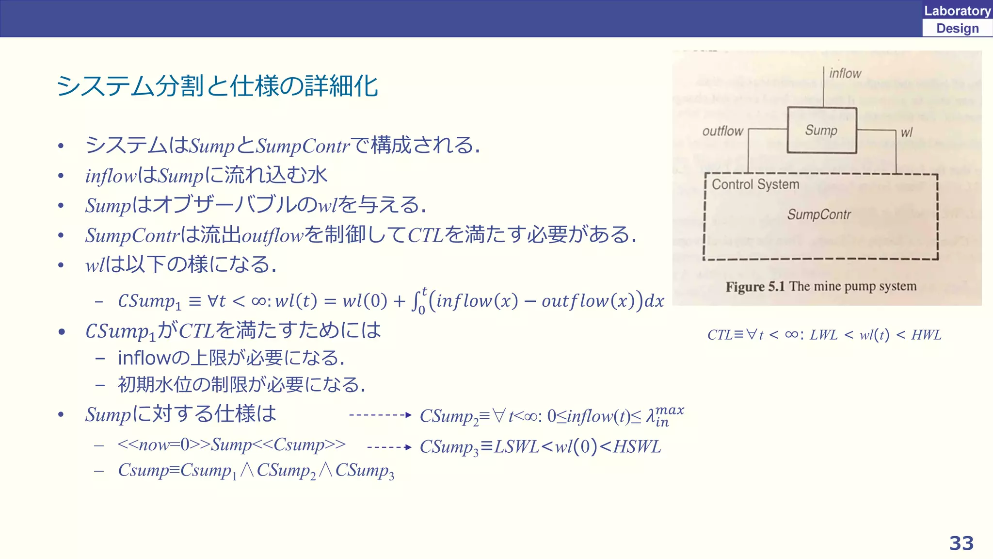 33
システム分割と仕様の詳細化
• システムはSumpとSumpContrで構成される．
• inflowはSumpに流れ込む水
• Sumpはオブザーバブルのwlを与える．
• SumpContrは流出outflowを制御してCTLを満たす必要がある．
• wlは以下の様になる．
– 𝐶𝑆𝑢𝑚𝑝1 ≡ ∀𝑡 < ∞: 𝑤𝑙 𝑡 = 𝑤𝑙 0 + ‫׬‬0
𝑡
𝑖𝑛𝑓𝑙𝑜𝑤 𝑥 − 𝑜𝑢𝑡𝑓𝑙𝑜𝑤 𝑥 𝑑𝑥
• 𝐶𝑆𝑢𝑚𝑝1がCTLを満たすためには
– inflowの上限が必要になる．
– 初期水位の制限が必要になる．
• Sumpに対する仕様は
– <<now=0>>Sump<<Csump>>
– Csump≡Csump1∧CSump2∧CSump3
CTL≡∀t < ∞: LWL < wl(t) < HWL
CSump3≡LSWL<wl(0)<HSWL
CSump2≡∀t<∞: 0≤inflow(t)≤ 𝜆𝑖𝑛
𝑚𝑎𝑥
 