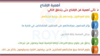 10
9
8
7
6
‫مرتباتهم‬ ‫يزيدوا‬ ‫فأا‬ ‫رؤساءهم‬ ‫ا‬ ‫ظذ‬ ‫ال‬ ‫يقنع‬
.
‫قض‬ ‫د‬ ‫تشككيم‬ ‫ال‬ ‫حلذيم‬ ‫ال‬ ‫على‬ ‫عاتهم‬ ‫را‬ ‫ف‬ ‫ا‬ ‫حام‬ ‫ال‬ ‫يؤثر‬
‫ما‬ ‫ية‬
.
‫الناخب‬ ‫فثقة‬ ‫الساسة‬ ‫يحظى‬
‫يم‬
.
‫تبرعات‬ ‫مم‬ ‫ا‬ ‫ع‬ ‫يج‬ ‫ا‬ ‫ي‬ ‫قياسية‬ ‫أرقاما‬ ‫التبرعات‬ ‫ع‬ ‫فج‬ ‫ا‬ ‫يق‬ ‫مم‬ ‫يحقق‬
.
‫فأك‬ ‫ا‬ ‫م‬ ‫وسيق‬ ‫الشراء‬ ‫ا‬ ‫ض‬ ‫ير‬ ‫يم‬ ‫ال‬ ‫شتريم‬ ‫لل‬ ‫منتجاتهم‬ ‫فبيع‬ ‫الباعة‬ ‫ا‬ ‫يق‬
‫ذلك‬ ‫مم‬ ‫ثر‬
.
‫ية‬ ‫أه‬
‫اإلقناع‬
➢
‫التالد‬ ‫يتحقق‬ ‫تى‬ ‫اإلقناع‬ ‫م‬ ‫ية‬ ‫أه‬ ‫تأتى‬
:
 