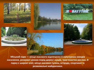 Міський парк — місце масового відпочинку й культурних заходів
населення, резерват цінних порід дерев і кущів, трав'янистих рослин. В
парку є широкі алеї, місця масових гулянь, естрада, спортивні та
розважальні майданчики.
 