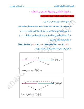 ‫التفاضل‬ ‫تطبيقات‬ : ‫الثالث‬ ‫الفصل‬
‫الجبوري‬ ‫ذياب‬ ‫أنس‬ .‫د‬

‫النهاية‬
‫العظمى‬
‫والنهاية‬
‫الصغرى‬
‫المحلية‬
‫االتي‬ ‫نتبع‬ ‫والصغرى‬ ‫العظمى‬ ‫النهايات‬ ‫اليجاد‬ :‫مالحظة‬
:

‫الدال‬ ‫نشتق‬
‫قيم‬ ‫نجد‬ ‫ثم‬ ‫بالصفر‬ ‫ونساويها‬ ‫ة‬
x

‫قيم‬ ‫نضع‬
x
‫االولى‬ ‫المشتقة‬ ‫في‬ ‫ونعوضها‬ ‫منها‬ ‫واصغر‬ ‫اكبر‬ ‫قيم‬ ‫وناخذ‬ ‫االعداد‬ ‫خط‬ ‫على‬

)+++++( ‫متزايدة‬ ‫تكون‬ ‫الدالة‬ ‫فان‬ ‫صفر‬ ‫من‬ ‫اكبر‬ ‫للدالة‬ ‫االولى‬ ‫المشتقة‬ ‫كانت‬ ‫اذا‬

( ‫متناقصة‬ ‫تكون‬ ‫الدالة‬ ‫فان‬ ‫صفر‬ ‫من‬ ‫اصغر‬ ‫للدالة‬ ‫االولى‬ ‫المشتقة‬ ‫كانت‬ ‫اذا‬
-
-
-
-
-
)

: ‫والصغرى‬ ‫العظمى‬ ‫النهايات‬ ‫نحدد‬
(
+ + +
( ‫ثم‬ )
-
-
-
( , ‫محلية‬ ‫عظمى‬ ‫نهاية‬ )
-
-
-
( ‫ثم‬ )
+ + +
‫محلية‬ ‫صغرى‬ ‫نهاية‬ )

‫قيم‬ ‫نعوض‬
x
. ‫النهايات‬ ‫احداثيات‬ ‫اليجاد‬ ‫االصلية‬ ‫الدالة‬ ‫في‬
 