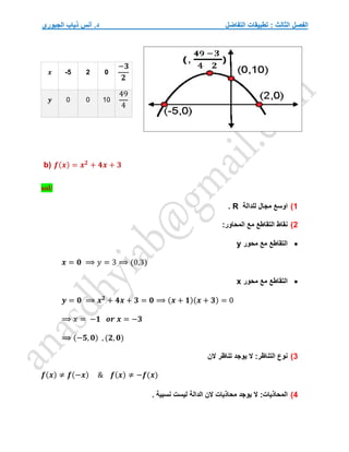 ‫التفاضل‬ ‫تطبيقات‬ : ‫الثالث‬ ‫الفصل‬
‫الجبوري‬ ‫ذياب‬ ‫أنس‬ .‫د‬
𝒙 -5 2 0
−𝟑
𝟐
𝒚 0 0 10
49
4
b) 𝒇(𝒙) = 𝒙𝟐
+ 𝟒𝒙 + 𝟑
sol/
1
)
‫للدالة‬ ‫مجال‬ ‫اوسع‬
R
.
2
)
:‫المحاور‬ ‫مع‬ ‫التقاطع‬ ‫نقاط‬

‫محور‬ ‫مع‬ ‫التقاطع‬
y
𝒙 = 𝟎 ⟹ 𝑦 = 3 ⟹ (0,3)

‫محور‬ ‫مع‬ ‫التقاطع‬
x
𝒚 = 𝟎 ⟹ 𝒙𝟐
+ 𝟒𝒙 + 𝟑 = 𝟎 ⟹ (𝒙 + 𝟏)(𝒙 + 𝟑) = 0
⟹ 𝑥 = −𝟏 𝒐𝒓 𝒙 = −𝟑
⟹ (−𝟓, 𝟎) , (𝟐, 𝟎)
3
)
:‫التناظر‬ ‫نوع‬
‫الن‬ ‫تناظر‬ ‫يوجد‬ ‫ال‬
𝒇(𝒙) ≠ 𝒇(−𝒙) & 𝒇(𝒙) ≠ −𝒇(𝒙)
4
)
:‫المحاذيات‬
. ‫نسبية‬ ‫ليست‬ ‫الدالة‬ ‫الن‬ ‫محاذيات‬ ‫يوجد‬ ‫ال‬
 