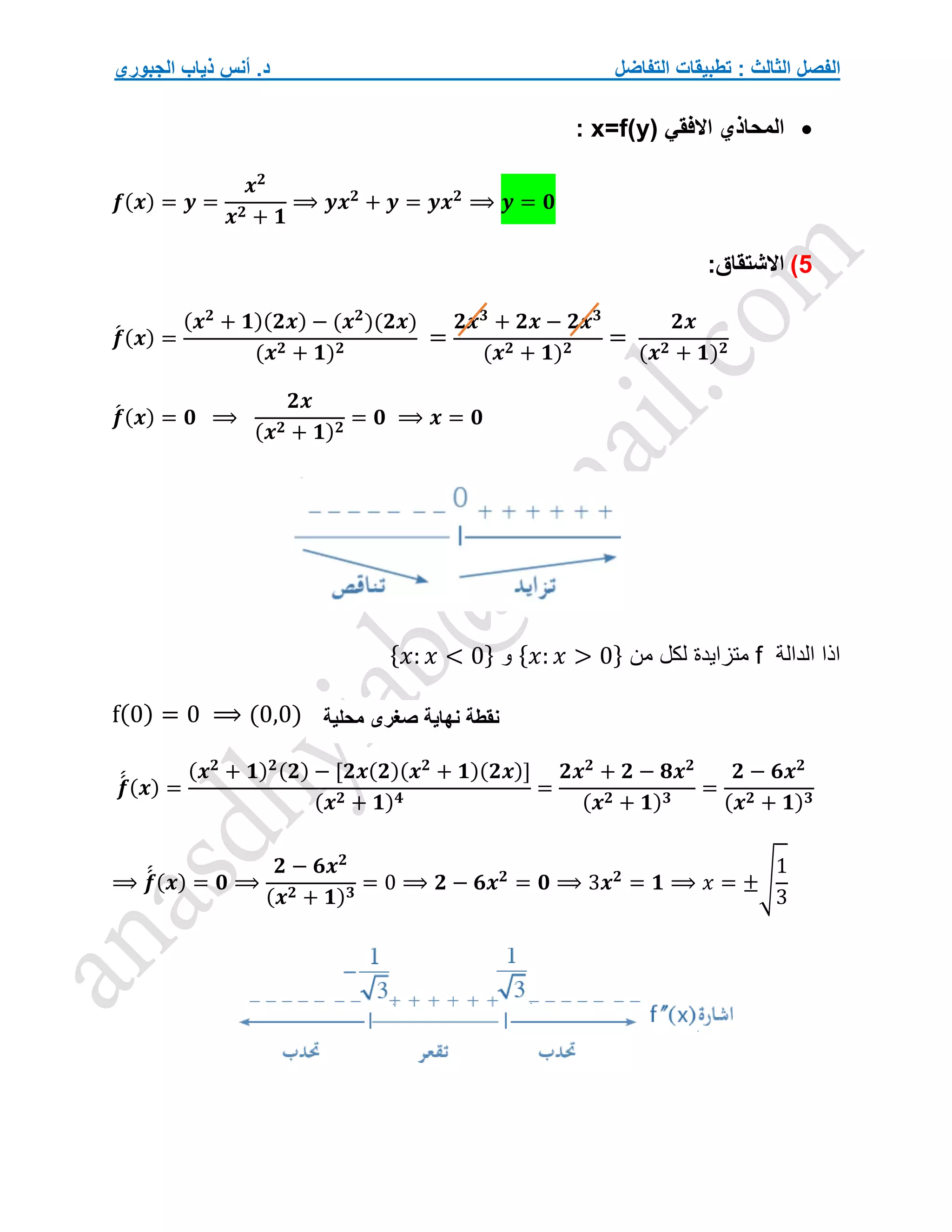 ‫التفاضل‬ ‫تطبيقات‬ : ‫الثالث‬ ‫الفصل‬
‫الجبوري‬ ‫ذياب‬ ‫أنس‬ .‫د‬

‫االفقي‬ ‫المحاذي‬
x=f(y)
:
𝒇(𝒙) = 𝒚 =
𝒙𝟐
𝒙𝟐 + 𝟏
⟹ 𝒚𝒙𝟐
+ 𝒚 = 𝒚𝒙𝟐
⟹ 𝒚 = 𝟎
5
)
:‫االشتقاق‬
𝒇
́ (𝒙) =
(𝒙𝟐
+ 𝟏)(𝟐𝒙) − (𝒙𝟐
)(𝟐𝒙)
(𝒙𝟐 + 𝟏)𝟐
=
𝟐𝒙𝟑
+ 𝟐𝒙 − 𝟐𝒙𝟑
(𝒙𝟐 + 𝟏)𝟐
=
𝟐𝒙
(𝒙𝟐 + 𝟏)𝟐
𝒇
́ (𝒙) = 𝟎 ⟹
𝟐𝒙
(𝒙𝟐 + 𝟏)𝟐
= 𝟎 ⟹ 𝒙 = 𝟎
‫الدالة‬ ‫اذا‬
f
‫من‬ ‫لكل‬ ‫متزايدة‬
{𝑥: 𝑥 > 0}
‫و‬
{𝑥: 𝑥 < 0}
f(0) = 0 ⟹ (0,0)
𝒇
́
́ (𝒙) =
(𝒙𝟐
+ 𝟏)𝟐(𝟐) − [𝟐𝒙(𝟐)(𝒙𝟐
+ 𝟏)(𝟐𝒙)]
(𝒙𝟐 + 𝟏)𝟒
=
𝟐𝒙𝟐
+ 𝟐 − 𝟖𝒙𝟐
(𝒙𝟐 + 𝟏)𝟑
=
𝟐 − 𝟔𝒙𝟐
(𝒙𝟐 + 𝟏)𝟑
⟹ 𝒇
́
́ (𝒙) = 𝟎 ⟹
𝟐 − 𝟔𝒙𝟐
(𝒙𝟐 + 𝟏)𝟑
= 0 ⟹ 𝟐 − 𝟔𝒙𝟐
= 𝟎 ⟹ 3𝒙𝟐
= 𝟏 ⟹ 𝑥 = ±√
1
3
‫محلية‬ ‫صغرى‬ ‫نهاية‬ ‫نقطة‬
 