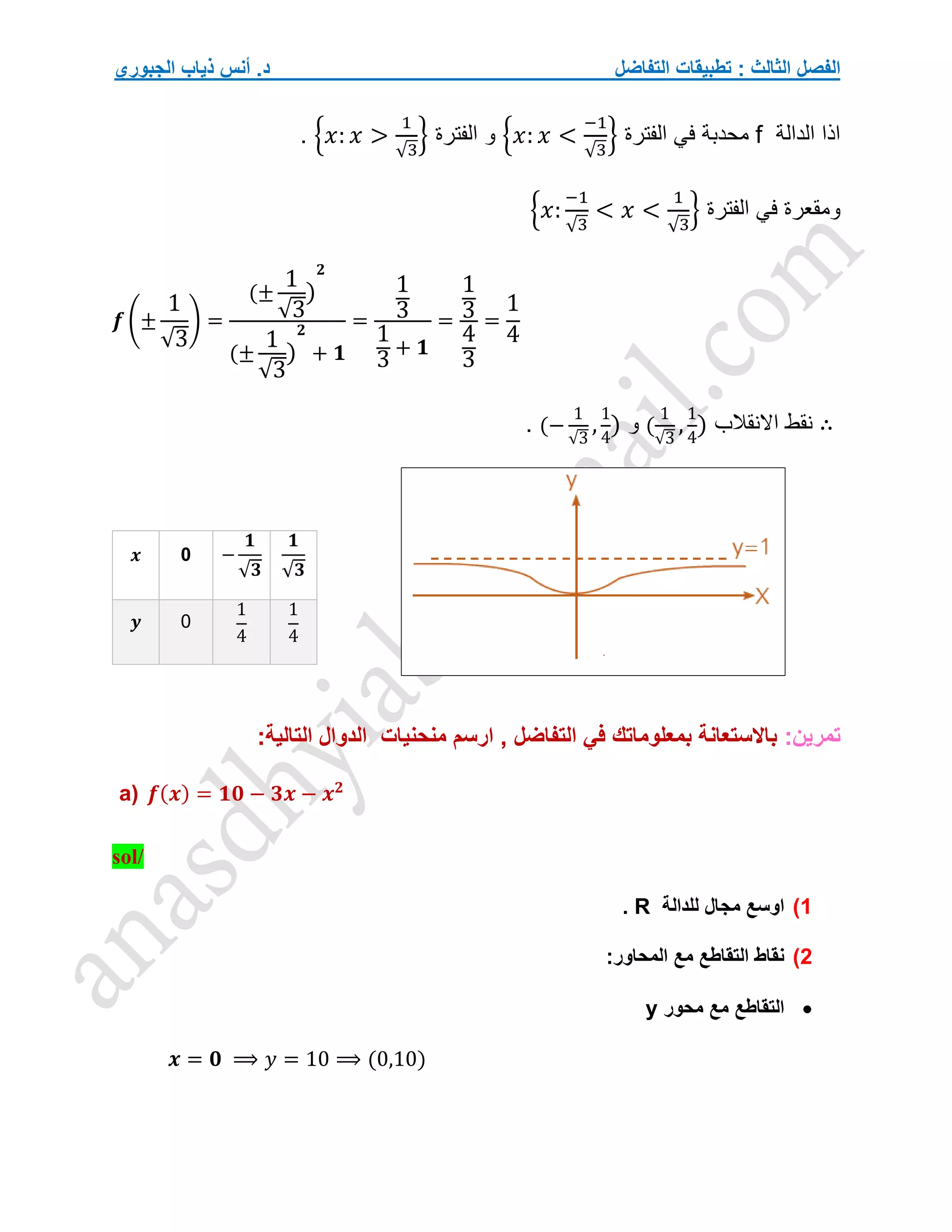 ‫التفاضل‬ ‫تطبيقات‬ : ‫الثالث‬ ‫الفصل‬
‫الجبوري‬ ‫ذياب‬ ‫أنس‬ .‫د‬
‫الدالة‬ ‫اذا‬
f
‫محدبة‬
‫الفترة‬ ‫في‬
{𝑥: 𝑥 <
−1
√3
}
‫و‬
‫الفترة‬
{𝑥: 𝑥 >
1
√3
}
.
‫الفترة‬ ‫في‬ ‫ومقعرة‬
{𝑥:
−1
√3
< 𝑥 <
1
√3
}
𝒇 (±
1
√3
) =
(±
1
√3
)
𝟐
(±
1
√3
)
𝟐
+ 𝟏
=
1
3
1
3
+ 𝟏
=
1
3
4
3
=
1
4
∴
‫االنقالب‬ ‫نقط‬
(
1
√3
,
1
4
)
‫و‬
(−
1
√3
,
1
4
)
.
𝒙 0 −
𝟏
√𝟑
𝟏
√𝟑
𝒚 0
1
4
1
4
‫تمرين‬
:
‫منحني‬ ‫ارسم‬ , ‫التفاضل‬ ‫في‬ ‫بمعلوماتك‬ ‫باالستعانة‬
‫ات‬
‫الد‬
:‫التالية‬ ‫وال‬
a) 𝒇(𝒙) = 𝟏𝟎 − 𝟑𝒙 − 𝒙𝟐
sol/
1
)
‫للدالة‬ ‫مجال‬ ‫اوسع‬
R
.
2
)
:‫المحاور‬ ‫مع‬ ‫التقاطع‬ ‫نقاط‬

‫محور‬ ‫مع‬ ‫التقاطع‬
y
𝒙 = 𝟎 ⟹ 𝑦 = 10 ⟹ (0,10)
 