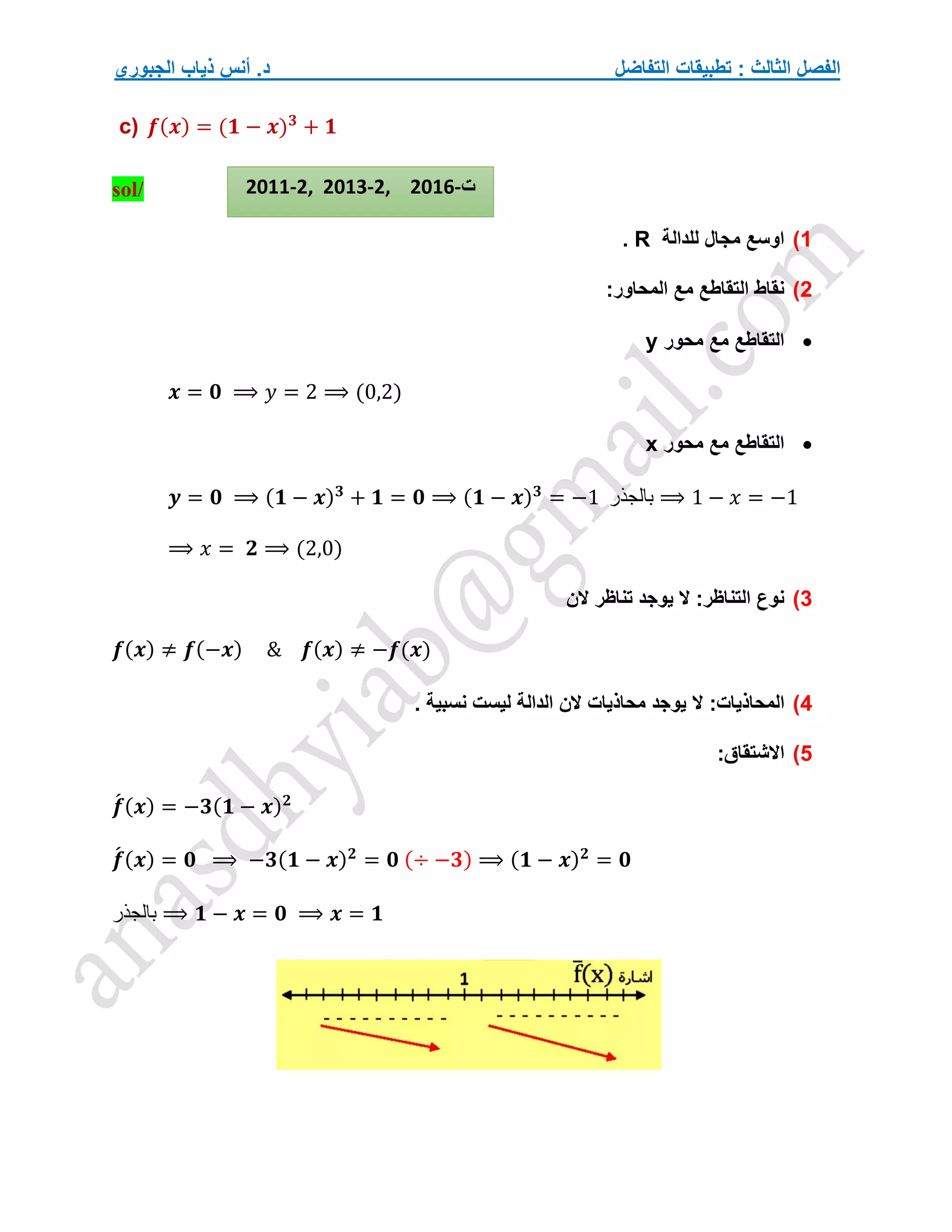 ‫التفاضل‬ ‫تطبيقات‬ : ‫الثالث‬ ‫الفصل‬
‫الجبوري‬ ‫ذياب‬ ‫أنس‬ .‫د‬
c) 𝒇(𝒙) = (𝟏 − 𝒙)𝟑
+ 𝟏
sol/
1
)
‫للدالة‬ ‫مجال‬ ‫اوسع‬
R
.
2
)
:‫المحاور‬ ‫مع‬ ‫التقاطع‬ ‫نقاط‬

‫م‬ ‫مع‬ ‫التقاطع‬
‫حور‬
y
𝒙 = 𝟎 ⟹ 𝑦 = 2 ⟹ (0,2)

‫محور‬ ‫مع‬ ‫التقاطع‬
x
𝒚 = 𝟎 ⟹ (𝟏 − 𝒙)𝟑
+ 𝟏 = 𝟎 ⟹ (𝟏 − 𝒙)𝟑
= −1 ‫بالجذر‬ ⟹ 1 − 𝑥 = −1
⟹ 𝑥 = 𝟐 ⟹ (2,0)
3
)
:‫التناظر‬ ‫نوع‬
‫الن‬ ‫تناظر‬ ‫يوجد‬ ‫ال‬
𝒇(𝒙) ≠ 𝒇(−𝒙) & 𝒇(𝒙) ≠ −𝒇(𝒙)
4
)
:‫المحاذيات‬
. ‫نسبية‬ ‫ليست‬ ‫الدالة‬ ‫الن‬ ‫محاذيات‬ ‫يوجد‬ ‫ال‬
5
)
:‫االشتقاق‬
𝒇
́ (𝒙) = −𝟑(𝟏 − 𝒙)𝟐
𝒇
́ (𝒙) = 𝟎 ⟹ −𝟑(𝟏 − 𝒙)𝟐
= 𝟎 (÷ −𝟑) ⟹ (𝟏 − 𝒙)𝟐
= 𝟎
‫بالجذر‬ ⟹ 𝟏 − 𝒙 = 𝟎 ⟹ 𝒙 = 𝟏
2011-2, 2013-2, 2016-‫ت‬
 