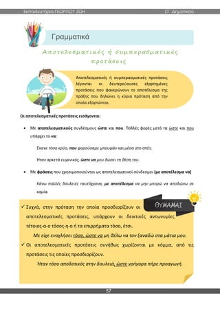 Εκπαιδευτήρια ΓΕΩΡΓΙΟΥ ΖΩΗ ΣΤ΄ Δημοτικού
57
Αποτελεσματικές ή συμπερασματικές
προτάσεις
Οι αποτελεσματικές προτάσεις εισάγονται:
 Με αποτελεσματικούς συνδέσμους ώστε και που. Πολλές φορές μετά τα ώστε και που
υπάρχει το να:
Έκανε τόσο κρύο, που φορούσαμε μπουφάν και μέσα στο σπίτι.
Ήταν αρκετά ευγενικός, ώστε να μου δώσει τη θέση του.
 Με φράσεις που χρησιμοποιούνται ως αποτελεσματικοί σύνδεσμοι (με αποτέλεσμα να)
Κάνω πολλές δουλειές ταυτόχρονα, με αποτέλεσμα να μην μπορώ να αποδώσω σε
καμία.
 Συχνά, στην πρόταση την οποία προσδιορίζουν οι
αποτελεσματικές προτάσεις, υπάρχουν οι δεικτικές αντωνυμίες
τέτοιος-α-ο τόσος-η-ο ή τα επιρρήματα τόσο, έτσι.
Με είχε ενοχλήσει τόσο, ώστε να μη θέλω να τον ξαναδώ στα μάτια μου.
 Οι αποτελεσματικές προτάσεις συνήθως χωρίζονται με κόμμα, από τις
προτάσεις τις οποίες προσδιορίζουν.
Ήταν τόσο αποδοτικός στην δουλειά, ώστε γρήγορα πήρε προαγωγή.
Αποτελεσματικές ή συμπερασματικές προτάσεις
λέγονται οι δευτερεύουσες εξαρτημένες
προτάσεις που φανερώνουν το αποτέλεσμα της
πράξης που δηλώνει η κύρια πρόταση από την
οποία εξαρτώνται.
Γραμματικά
φαινόμενα
 