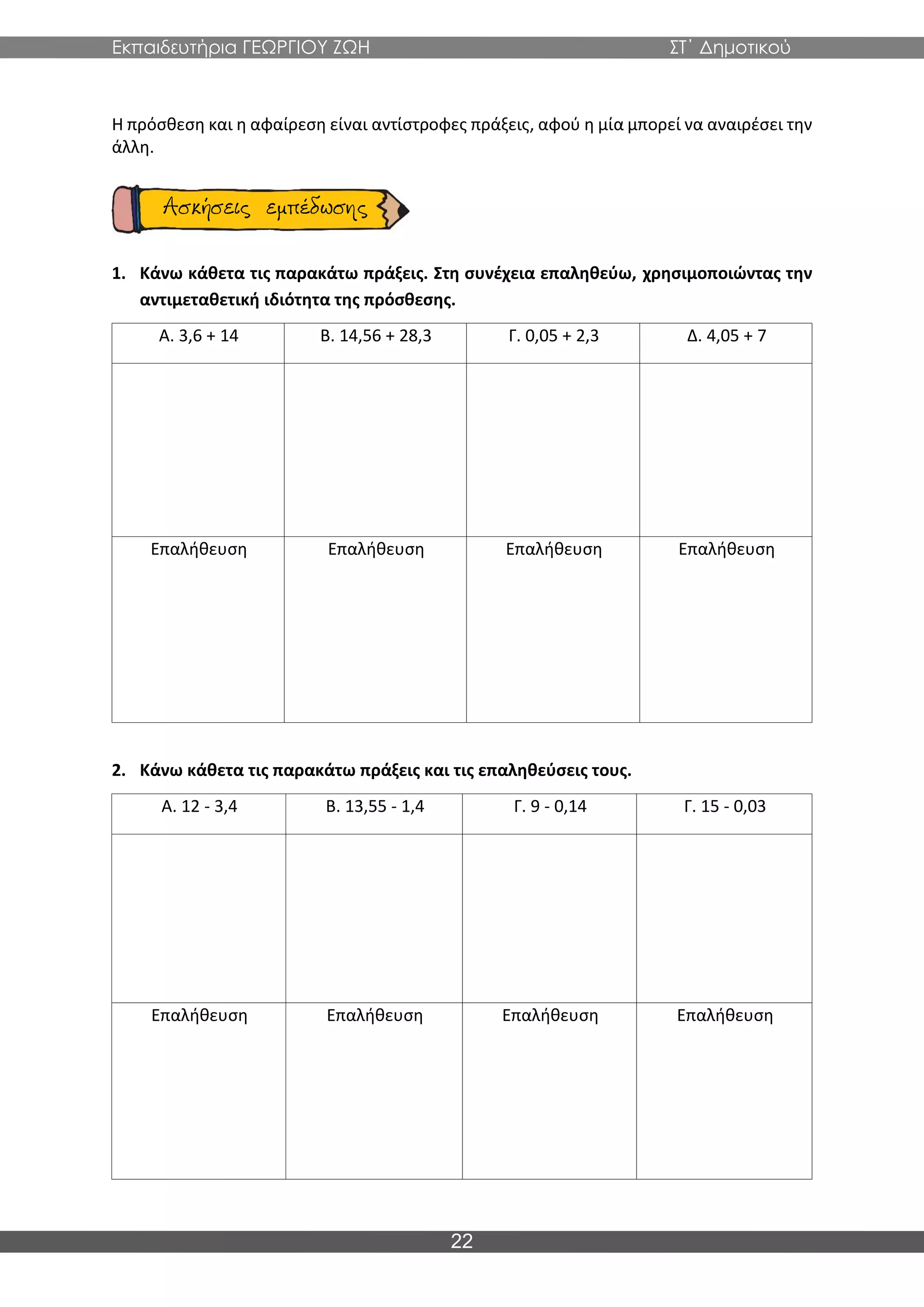 Εκπαιδευτήρια ΓΕΩΡΓΙΟΥ ΖΩΗ ΣΤ΄ Δημοτικού
22
Η πρόσθεση και η αφαίρεση είναι αντίστροφες πράξεις, αφού η μία μπορεί να αναιρέσει την
άλλη.
1. Κάνω κάθετα τις παρακάτω πράξεις. Στη συνέχεια επαληθεύω, χρησιμοποιώντας την
αντιμεταθετική ιδιότητα της πρόσθεσης.
Α. 3,6 + 14 Β. 14,56 + 28,3 Γ. 0,05 + 2,3 Δ. 4,05 + 7
Επαλήθευση Επαλήθευση Επαλήθευση Επαλήθευση
2. Κάνω κάθετα τις παρακάτω πράξεις και τις επαληθεύσεις τους.
Α. 12 - 3,4 Β. 13,55 - 1,4 Γ. 9 - 0,14 Γ. 15 - 0,03
Επαλήθευση Επαλήθευση Επαλήθευση Επαλήθευση
 