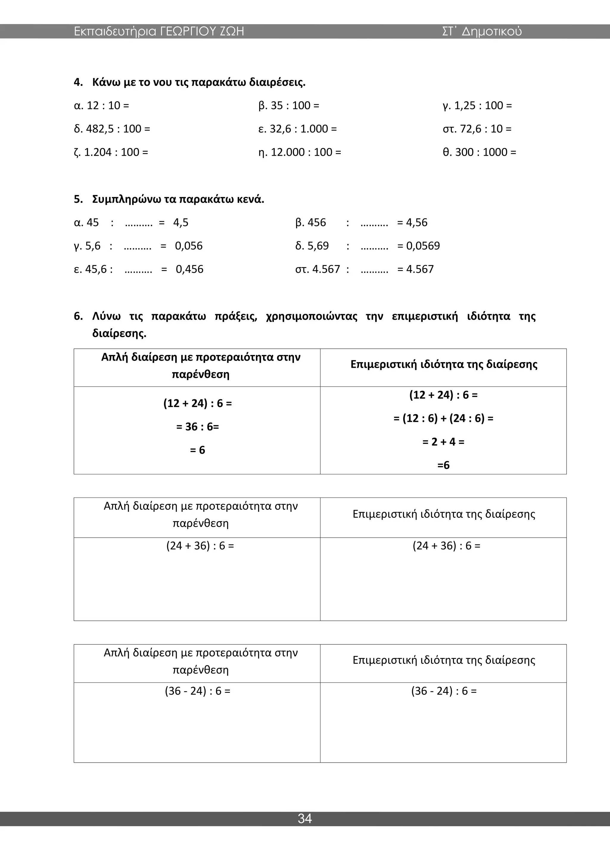 Εκπαιδευτήρια ΓΕΩΡΓΙΟΥ ΖΩΗ ΣΤ΄ Δημοτικού
34
4. Κάνω με το νου τις παρακάτω διαιρέσεις.
α. 12 : 10 = β. 35 : 100 = γ. 1,25 : 100 =
δ. 482,5 : 100 = ε. 32,6 : 1.000 = στ. 72,6 : 10 =
ζ. 1.204 : 100 = η. 12.000 : 100 = θ. 300 : 1000 =
5. Συμπληρώνω τα παρακάτω κενά.
α. 45 : ………. = 4,5 β. 456 : ………. = 4,56
γ. 5,6 : ………. = 0,056 δ. 5,69 : ………. = 0,0569
ε. 45,6 : ………. = 0,456 στ. 4.567 : ………. = 4.567
6. Λύνω τις παρακάτω πράξεις, χρησιμοποιώντας την επιμεριστική ιδιότητα της
διαίρεσης.
Απλή διαίρεση με προτεραιότητα στην
παρένθεση
Επιμεριστική ιδιότητα της διαίρεσης
(12 + 24) : 6 =
= 36 : 6=
= 6
(12 + 24) : 6 =
= (12 : 6) + (24 : 6) =
= 2 + 4 =
=6
Απλή διαίρεση με προτεραιότητα στην
παρένθεση
Επιμεριστική ιδιότητα της διαίρεσης
(24 + 36) : 6 = (24 + 36) : 6 =
Απλή διαίρεση με προτεραιότητα στην
παρένθεση
Επιμεριστική ιδιότητα της διαίρεσης
(36 - 24) : 6 = (36 - 24) : 6 =
 