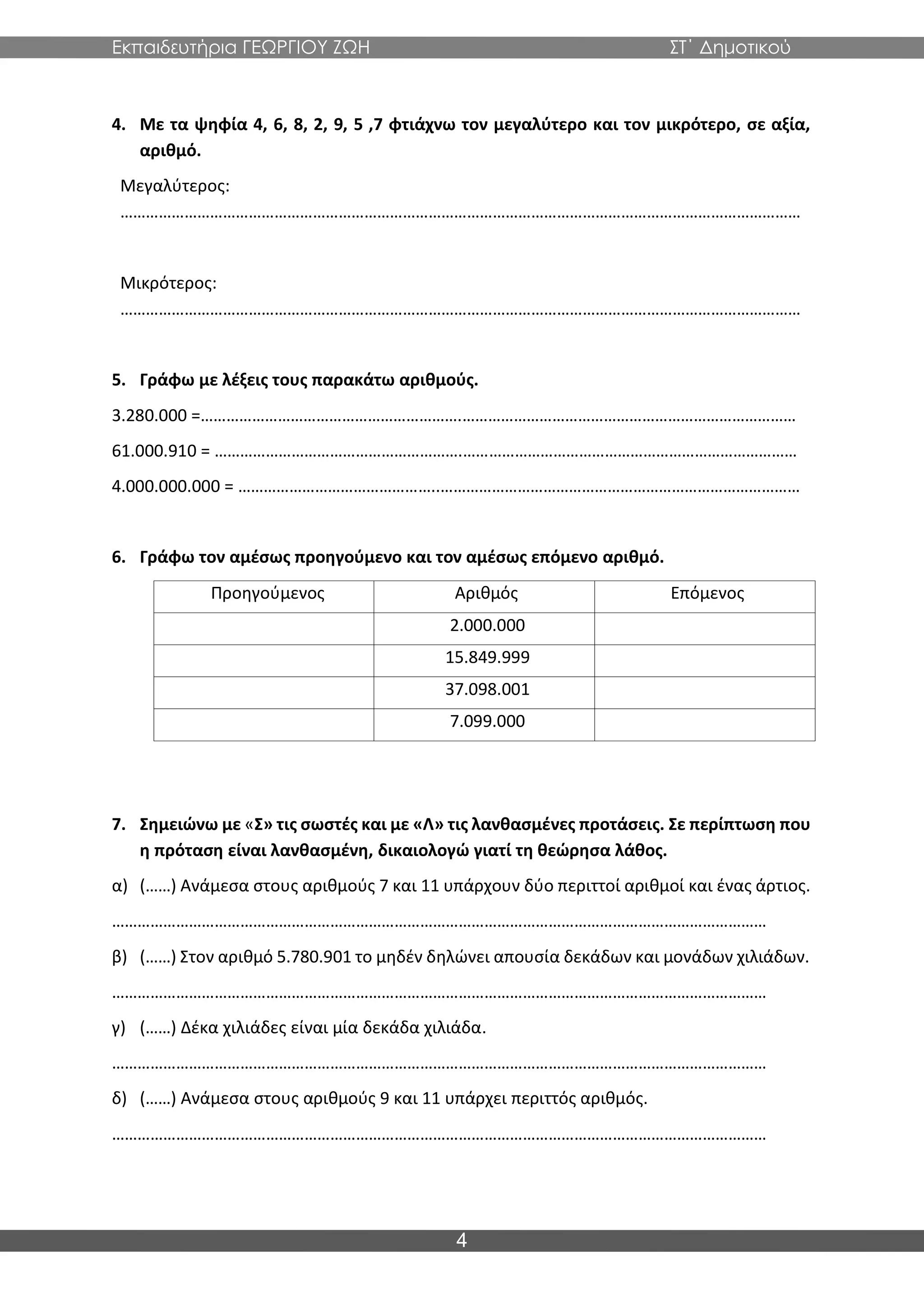Εκπαιδευτήρια ΓΕΩΡΓΙΟΥ ΖΩΗ ΣΤ΄ Δημοτικού
4
4. Με τα ψηφία 4, 6, 8, 2, 9, 5 ,7 φτιάχνω τον μεγαλύτερο και τον μικρότερο, σε αξία,
αριθμό.
Μεγαλύτερος:
……………………………………………………………………………………………………………………………………………
Μικρότερος:
……………………………………………………………………………………………………………………………………………
5. Γράφω με λέξεις τους παρακάτω αριθμούς.
3.280.000 =…………………………………………………….……………………………………………………………………
61.000.910 = ………………………………………………….……………………………………………………………………
4.000.000.000 = ………………………………………..…………………………………………………………………………
6. Γράφω τον αμέσως προηγούμενο και τον αμέσως επόμενο αριθμό.
Προηγούμενος Αριθμός Επόμενος
2.000.000
15.849.999
37.098.001
7.099.000
7. Σημειώνω με «Σ» τις σωστές και με «Λ» τις λανθασμένες προτάσεις. Σε περίπτωση που
η πρόταση είναι λανθασμένη, δικαιολογώ γιατί τη θεώρησα λάθος.
α) (……) Ανάμεσα στους αριθμούς 7 και 11 υπάρχουν δύο περιττοί αριθμοί και ένας άρτιος.
………………………………………………………………………………………………………………………………………
β) (……) Στον αριθμό 5.780.901 το μηδέν δηλώνει απουσία δεκάδων και μονάδων χιλιάδων.
………………………………………………………………………………………………………………………………………
γ) (……) Δέκα χιλιάδες είναι μία δεκάδα χιλιάδα.
………………………………………………………………………………………………………………………………………
δ) (……) Ανάμεσα στους αριθμούς 9 και 11 υπάρχει περιττός αριθμός.
………………………………………………………………………………………………………………………………………
 