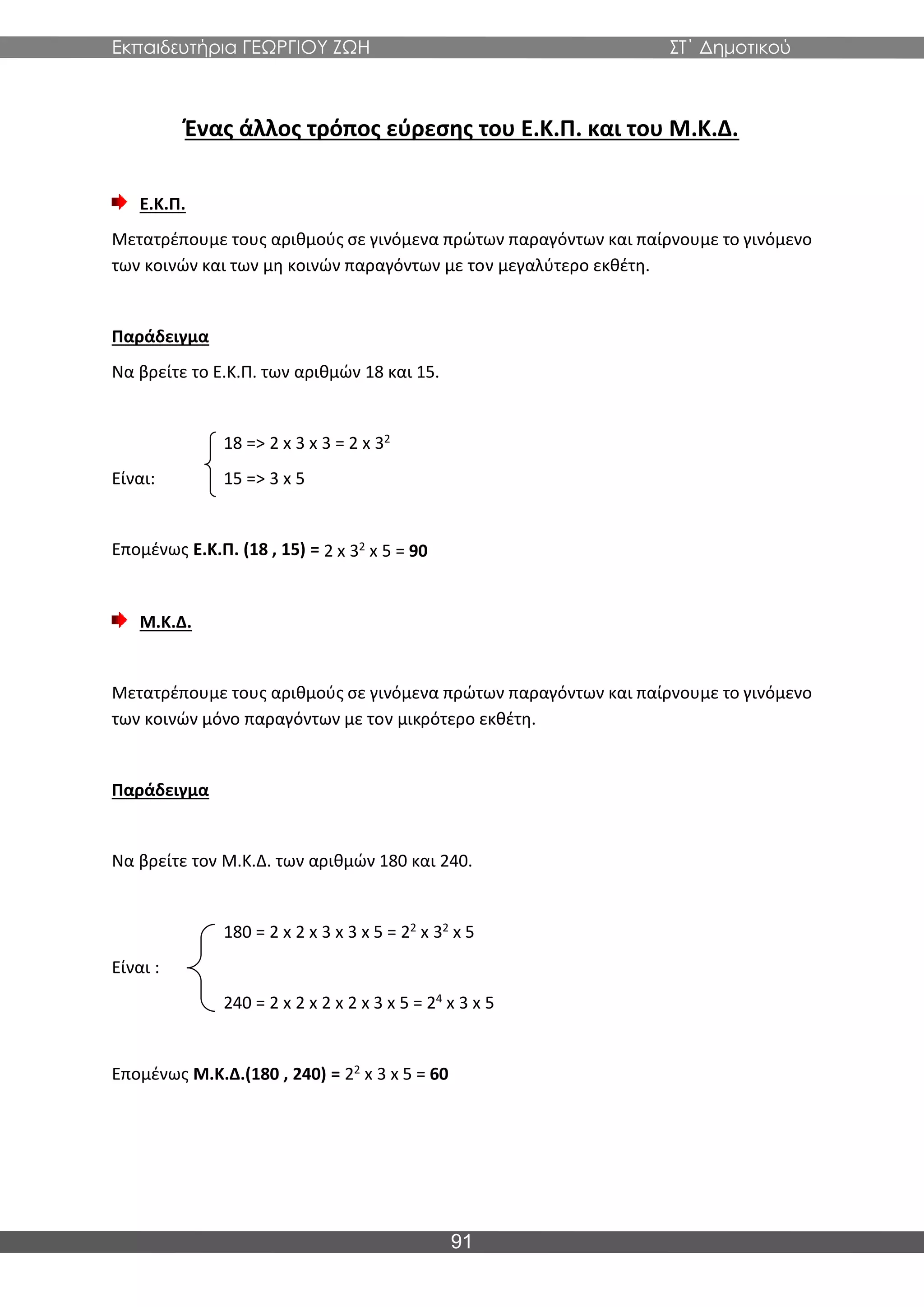 Εκπαιδευτήρια ΓΕΩΡΓΙΟΥ ΖΩΗ ΣΤ΄ Δημοτικού
91
Ένας άλλος τρόπος εύρεσης του Ε.Κ.Π. και του Μ.Κ.Δ.
Ε.Κ.Π.
Μετατρέπουμε τους αριθμούς σε γινόμενα πρώτων παραγόντων και παίρνουμε το γινόμενο
των κοινών και των μη κοινών παραγόντων με τον μεγαλύτερο εκθέτη.
Παράδειγμα
Να βρείτε το Ε.Κ.Π. των αριθμών 18 και 15.
18 => 2 x 3 x 3 = 2 x 32
Είναι: 15 => 3 x 5
Επομένως Ε.Κ.Π. (18 , 15) = 2 x 32
x 5 = 90
Μ.Κ.Δ.
Μετατρέπουμε τους αριθμούς σε γινόμενα πρώτων παραγόντων και παίρνουμε το γινόμενο
των κοινών μόνο παραγόντων με τον μικρότερο εκθέτη.
Παράδειγμα
Να βρείτε τον Μ.Κ.Δ. των αριθμών 180 και 240.
180 = 2 x 2 x 3 x 3 x 5 = 22
x 32
x 5
Είναι :
240 = 2 x 2 x 2 x 2 x 3 x 5 = 24
x 3 x 5
Επομένως Μ.Κ.Δ.(180 , 240) = 22
x 3 x 5 = 60
 