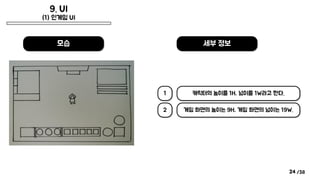 /38
9. UI
(1) 인게임 UI
24
캐릭터의 높이를 1H, 넓이를 1W라고 한다.
세부 정보
모습
1
게임 화면의 높이는 9H, 게임 화면의 넓이는 19W.
2
 