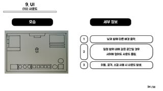 /38
9. UI
(10) 사운드
34
세부 정보
모습
낮과 밤에 다른 배경 음악.
1
일정 범위 내에 같은 공간일 경우
시야에 없어도 사운드 들림.
2
이동, 공격, 스킬 사용 시 사운드 발생.
3
 