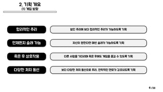 /38
2. 기획 개요
(1) 게임 방향
6
합리적인 추리
언제든지 술래 가능
죽은 후 상호작용
다양한 처치 동선
범인 추리에 보다 합리적인 추리가 가능하도록 기획
자신이 원한다면 매번 술래가 가능하도록 기획
다른 사람을 기다리며 죽은 후에도 게임을 즐길 수 있도록 기획
보다 다양한 처치 동선으로 추리, 전략적인 면모가 강조되도록 기획
 