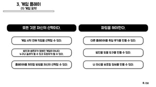 /38
3. 게임 플레이
(1) 게임 요약
8
모든 것은 자신의 선택이다.
게임 시작 전에 직업을 선택할 수 있다.
범인과 생존자가 정해진 게임이 아니다.
누구나 술래가 될 수 있고 도망자가 될 수 있다.
플레이어를 처치할 방법을 자신이 선택할 수 있다.
파밍을 해야한다.
다른 플레이어를 죽일 무기를 만들 수 있다.
범인을 찾을 도구를 만들 수 있다.
나 자신을 보호할 장비를 만들 수 있다.
 