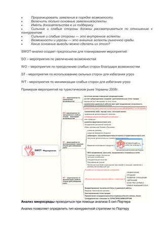  Проранжировать заявления в порядке возможности.
 Включить только основные заявления/аспекты.
 Иметь доказательства в их поддержку.
 Сильные и слабые стороны должны рассматриваться по отношению к
конкурентам.
 Сильные и слабые стороны — это внутренние аспекты.
 Возможности и угрозы — это внешние аспекты рыночной среды.
 Какие основные выводы можно сделать из этого?
SWOT-анализ создает предпосылки для планирования мероприятий:
SO – мероприятия по увеличению возможностей
WO – мероприятия по преодолению слабых сторон благодаря возможностям
ST - мероприятия по использованию сильных сторон для избегания угроз
WT - мероприятия по минимизации слабых сторон для избегания угроз
Примером мероприятий на туристическом рыке Украины 2008г.
Анализ микросреды проводиться при помощи анализа 5 сил Портера
Анализ позволяет определить тип конкурентной стратегии по Портеру
 