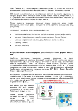 сфер бизнеса. СЗХ также помогают уменьшить сложность подготовки стратегии
корпорации и взаимодействия сфер деятельности фирмы в различных отраслях.
СЗХ может рассматриваться и как отдельный сегмент рыночного окружения, на
который фирма имеет или хочет иметь выход. Любой товар (а, следовательно, и
СЗХ) проходят свой жизненный цикл от зарождения (появление товара на рынке) до
прекращения (выпуска последнего образца товара).
Можно выделить следующие основные стадии жизненного цикла товара:
зарождение, ускоренный рост, замедление роста, зрелость (насыщение), спад
(затухание).
Существуют следующие виды портфельных матриц:
 портфельная матрица Бостонской консультационной группы (матрица БКГ);
 матрица «Экран бизнеса», разработанная компанией General Electric;
 матрица направленной политики, разработанная компанией Shell;
 матрицу Хофера;
 матрица Ансоффа;
Матричная техника оценки портфеля диверсифицированной фирмы. Матрица
БКГ
Наиболее популярная процедура анализа положения на рынке
диверсифицированной компании (имеющей несколько СЗХ)- построение матриц
портфеля СЗХ. Обычно такие матрицы строятся на основе пары стратегически
важных переменных, таких, как скорость роста отрасли, размеры рынка,
долговременная привлекательность отрасли, конкурентный статус и т. д. Такие
двумерные матрицы относительно просты и дают четкую рыночную обстановку.
Наибольшее распространение получили матрицы БКГ (BCG - Bosfon Consulting
Group) и "Дженерал Электрик".
Матрица БКГ содержит четыре квадранта в координатах скорость роста отрасли -
относительная доля рынка, контролируемая фирмой. Каждая СЗХ определяется
кругом в этих координатах, причем площадь круга представляет объем продаж СЗХ
или относительную долю СЗХ
в продажах всей фирмы.
Мы видим, что при помощи
матрицы БКГ СЗХ фирмы
группируются в четыре зоны.
Рассмотрим каждую из них.
Дикая кошка (трудный
ребенок). Быстрый рост рынка
делает эти СЗХ
привлекательными. Но их
относительная доля на рынке
 