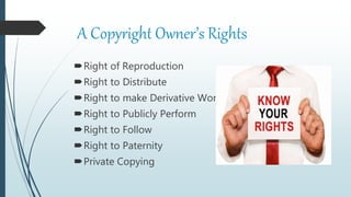 A Copyright Owner’s Rights
Right of Reproduction
Right to Distribute
Right to make Derivative Works
Right to Publicly Perform
Right to Follow
Right to Paternity
Private Copying
 