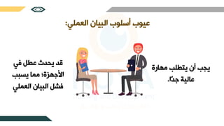 ‫العملي‬ ‫البيان‬ ‫أسلوب‬ ‫عيوب‬
:
‫مهارة‬ ‫يترلب‬ ‫أن‬ ‫يجب‬
‫ًا‬‫د‬‫ج‬ ‫عالية‬
.
‫في‬ ‫عرل‬ ‫يحدث‬ ‫قد‬
‫يسبب‬ ‫مما‬ ‫جهزة؛‬ ‫ا‬
‫العملي‬ ‫البيان‬ ‫فشل‬
 