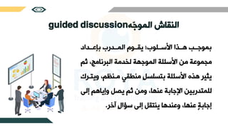 ‫ّه‬
‫ج‬‫المو‬ ‫النقاش‬
guided discussion
‫عثثداد‬ ‫ب‬ ‫المثثدرب‬ ‫يقثثوم‬ ‫سثثلوب؛‬ ‫ا‬ ‫هثثألا‬ ‫بموجثثب‬
‫ث‬ ،‫البرنامج‬ ‫لخدمة‬ ‫الموجهة‬ ‫لة‬ ‫س‬ ‫ا‬ ‫من‬ ‫مجموعة‬
‫م‬
‫و‬ ،‫مثنظم‬ ‫منرقي‬ ٍ‫ل‬‫بتسلس‬ ‫لة‬ ‫س‬ ‫ا‬ ‫هأله‬ ‫يثير‬
‫يتثرك‬
‫إل‬ ‫وإياهم‬ ‫يصل‬ ‫ثم‬ ‫ومن‬ ،‫عنها‬ ‫اإلجابة‬ ‫للمتدربين‬
‫آخر‬ ٍ‫ل‬‫سؤا‬ ‫إل‬ ‫ينتقل‬ ‫وعندها‬ ،‫عنها‬ ٍ‫ة‬‫إجاب‬
.
 