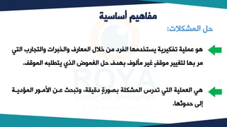 ‫أساسية‬ ‫مفاهيم‬
‫ا‬ ‫والتيارب‬ ‫والخبرات‬ ‫المعارف‬ ‫خالل‬ ‫وب‬ ‫الفرد‬ ‫يستخدوكا‬ ‫تفكيرية‬ ‫عملية‬ ‫ه‬
‫لتي‬
‫ق‬ ‫الم‬ ‫يتطلبه‬ ‫الذي‬ ‫ض‬ ‫الغم‬ ‫حل‬ ‫بكدف‬ ‫ف‬ ‫ولل‬ ‫غير‬ ‫ق‬ ‫و‬ ‫لتغيير‬ ‫بكا‬ ‫ور‬
.
‫د‬ ‫الم‬ ‫ر‬ ‫اكوب‬ ‫عبب‬ ‫وتبيث‬ ،‫دقيقة‬ ‫رة‬ ‫بص‬ ‫المشكلة‬ ‫تدرس‬ ‫التي‬ ‫العملية‬ ‫هي‬
‫يبة‬
‫حدوثكا‬ ‫إل‬
.
‫المشكالت‬ ‫حل‬
:
 