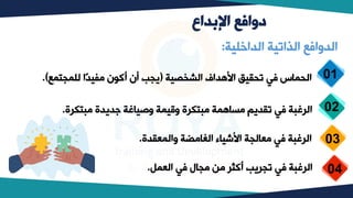 ‫اإلبداع‬ ‫دوافع‬
‫الداخلية‬ ‫الذاتية‬ ‫الدوافع‬
:
01
02
03
04
‫الشخصية‬ ‫اكهداف‬ ‫تيقيق‬ ‫في‬ ‫اليماس‬
(
‫للميتمع‬ ‫ًا‬‫د‬‫وفي‬ ‫ن‬ ‫أك‬ ‫أن‬ ‫ييف‬
.)
‫وبتكرة‬ ‫جديدة‬ ‫وصياغة‬ ‫وقيمة‬ ‫وبتكرة‬ ‫وساهمة‬ ‫تقديم‬ ‫في‬ ‫الرغبة‬
.
‫والمعقدة‬ ‫الغاوٍة‬ ‫اكشياء‬ ‫وعالية‬ ‫في‬ ‫الرغبة‬
.
‫العمل‬ ‫في‬ ‫ويال‬ ‫وب‬ ‫ر‬ ‫أك‬ ‫تيريف‬ ‫في‬ ‫الرغبة‬
.
 