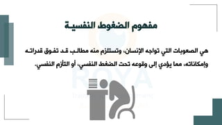 ‫الضغوط‬ ‫مفهوم‬
‫النفسيـة‬
‫ددر‬ ‫تقبود‬ ‫دبد‬ ‫مطالبب‬ ‫منه‬ ‫وتستلزم‬ ،‫اإلنسان‬ ‫تواجه‬ ‫التي‬ ‫الصعوبات‬ ‫هي‬
‫اتبه‬
‫النقسي‬ ‫التأزم‬ ‫أو‬ ،‫النقسي‬ ‫الضغط‬ ‫تحت‬ ‫ودوعه‬ ‫إلى‬ ‫يؤدي‬ ‫مما‬ ،‫وإمكاناته‬
.
 