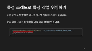 특정 스레드로 특정 작업 위임하기
기본적인 구현 방법은 태스크 시스템 형태의 스레드 풀입니다.
여러 개의 스레드를 역할을 나눠 미리 생성하였습니다.
14
 