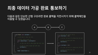 최종 데이터 가공 완료 통보하기
다음과 같은 단순한 선형 구조라면 완료 콜백을 지연시키기 위해 콜백체인을
이용할 수 있겠습니다.
A B C
21
 
