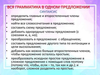 ВСЯ ГРАММАТИКА В ОДНОМ ПРЕДЛОЖЕНИИ
СИНТАКСИС
• определить главные и второстепенные члены
предложения;
• найти все словосочетания в предложении;
• составить схему предложения;
• добавить однородные члены предложения (с
союзами и, а, но);
• преобразовать в предложение с обращением;
• составить предложение другого типа по интонации и
цели высказывания;
• добавить как можно больше второстепенных членов,
чтобы предложение осталось простым;
• преобразовать исходное простое предложение в
сложное предложение с помощью слов поэтому
(потому что, чтобы, если – то, так как и др.); и
наоборот, сложное разделить на простые;
 