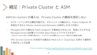 補足：Private Cluster と ASM
ASM (In-cluster) の導入は、Private Cluster の構成を限定しない
- 3パターン※1いずれも構成可能だが、セキュリティの観点から、Public Endpoint を
有効化するなら Master Authorized Networks は設定したほうが良い
- Managed ASM の場合は Public Endpoint を無効化できないが、有効にさえすれば
Managed Istiod は対象クラスタの Data Plane にアクセスできる※2
（Master Authz NWs の有無を問わない、とされているが運用上は asmcli の実行元の登録が必要）
- VPC Service Controls を利用する場合は Mesh CA (+ Cloud Ops) も併せて境界内
に含めることが必要
※1 https://cloud.google.com/kubernetes-engine/docs/concepts/private-cluster-concept#endpoints_in_private_clusters
※2 https://cloud.google.com/service-mesh/docs/supported-features-mcp#environments
35
 