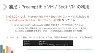 補足：Preemptible VM / Spot VM の利用
GKE 1.20+ では、Preemptible VM / Spot VM なノードの kubelet で
Graceful Node Shutdown がデフォルト有効になっている
- terminationGracePeriodSeconds は最大 25秒までしかリクエストできない
- コスト削減目的で開発環境だけ Preemptible VM / Spot VM を利用、といった場合は
Pod の終了に長時間を要するワークロードの可用性試験などに影響するので注意
- Evict された場合、Status が Failed となり、次回の Pod GC でクリーンアップされる
https://cloud.google.com/kubernetes-engine/docs/concepts/spot-vms#termination_and_graceful_shutdown_of
 