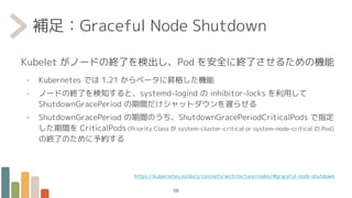 補足：Graceful Node Shutdown
Kubelet がノードの終了を検出し、Pod を安全に終了させるための機能
- Kubernetes では 1.21 からベータに昇格した機能
- ノードの終了を検知すると、systemd-logind の inhibitor-locks を利用して
ShutdownGracePeriod の期間だけシャットダウンを遅らせる
- ShutdownGracePeriod の期間のうち、ShutdownGracePeriodCriticalPods で指定
した期間を CriticalPods (Priority Class が system-cluster-critical or system-node-critical の Pod)
の終了のために予約する
58
https://kubernetes.io/docs/concepts/architecture/nodes/#graceful-node-shutdown
 