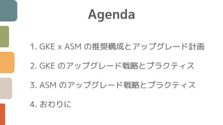 1. GKE x ASM の推奨構成とアップグレード計画
2. GKE のアップグレード戦略とプラクティス
3. ASM のアップグレード戦略とプラクティス
4. おわりに
Agenda
 