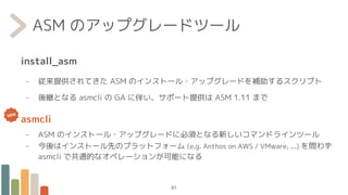 ASM のアップグレードツール
install_asm
- 従来提供されてきた ASM のインストール・アップグレードを補助するスクリプト
- 後継となる asmcli の GA に伴い、サポート提供は ASM 1.11 まで
asmcli
- ASM のインストール・アップグレードに必須となる新しいコマンドラインツール
- 今後はインストール先のプラットフォーム (e.g. Anthos on AWS / VMware, ...) を問わず
asmcli で共通的なオペレーションが可能になる
61
 