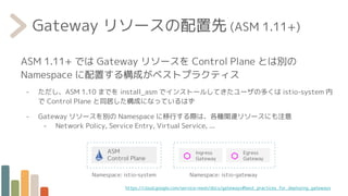 Gateway リソースの配置先 (ASM 1.11+)
ASM 1.11+ では Gateway リソースを Control Plane とは別の
Namespace に配置する構成がベストプラクティス
- ただし、ASM 1.10 までを install_asm でインストールしてきたユーザの多くは istio-system 内
で Control Plane と同居した構成になっているはず
- Gateway リソースを別の Namespace に移行する際は、各種関連リソースにも注意
- Network Policy, Service Entry, Virtual Service, ...
ASM
Control Plane
Ingress
Gateway
Namespace: istio-system Namespace: istio-gateway
Egress
Gateway
https://cloud.google.com/service-mesh/docs/gateways#best_practices_for_deploying_gateways
 