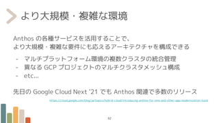 より大規模・複雑な環境
Anthos の各種サービスを活用することで、
より大規模・複雑な要件にも応えるアーキテクチャを構成できる
- マルチプラットフォーム環境の複数クラスタの統合管理
- 異なる GCP プロジェクトのマルチクラスタメッシュ構成
- etc...
先日の Google Cloud Next '21 でも Anthos 関連で多数のリリース
https://cloud.google.com/blog/ja/topics/hybrid-cloud/introducing-anthos-for-vms-and-other-app-modernization-tools
82
 