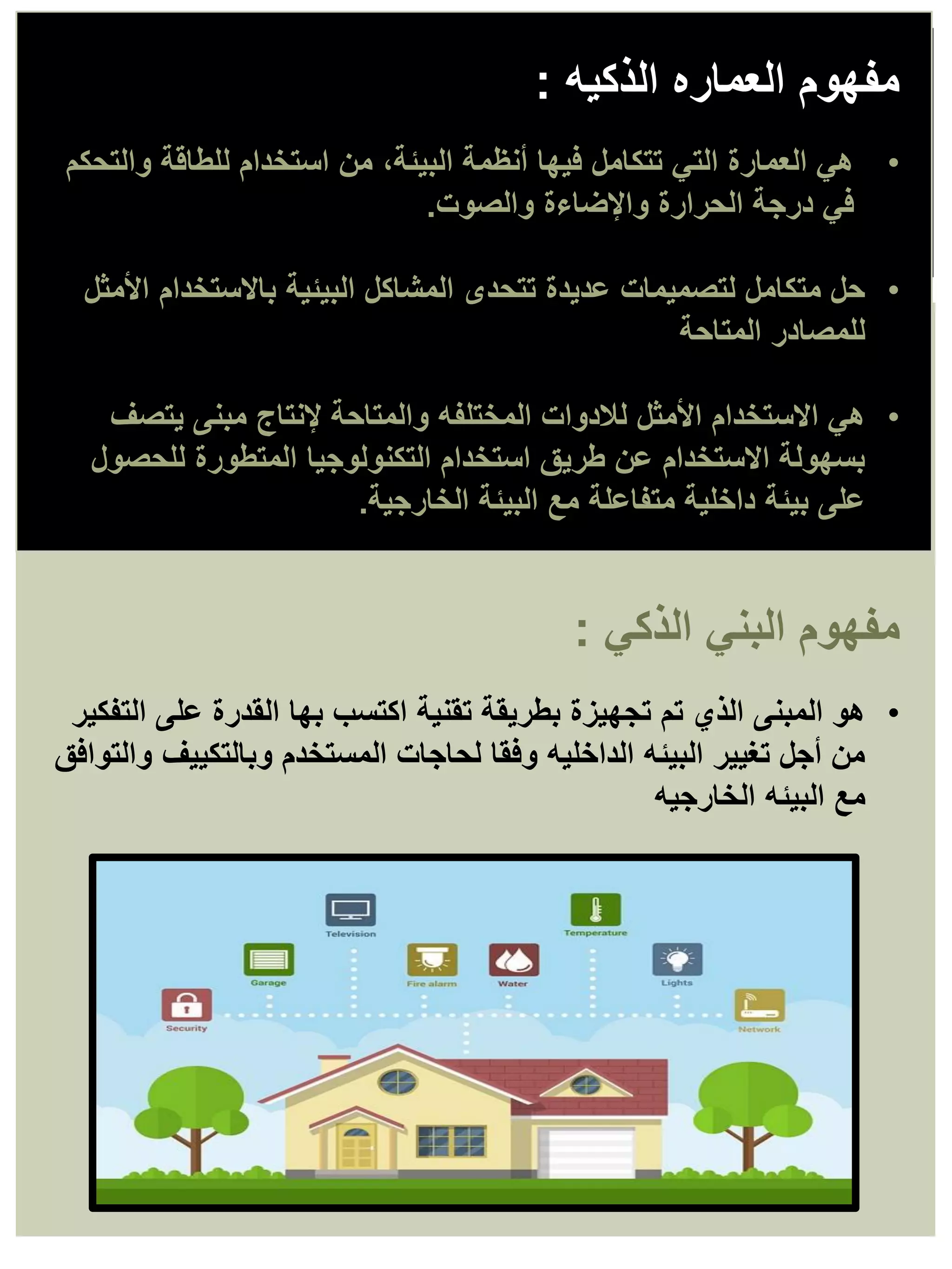 •
‫األمثل‬ ‫باالستخدام‬ ‫البيئية‬ ‫المشاكل‬ ‫تتحدى‬ ‫عديدة‬ ‫لتصميمات‬ ‫متكامل‬ ‫حل‬
‫المتاحة‬ ‫للمصادر‬
•
‫يتصف‬ ‫مبنى‬ ‫إلنتاج‬ ‫والمتاحة‬ ‫المختلفه‬ ‫لالدوات‬ ‫األمثل‬ ‫االستخدام‬ ‫هي‬
‫للحصول‬ ‫المتطورة‬ ‫التكنولوجيا‬ ‫استخدام‬ ‫طريق‬ ‫عن‬ ‫االستخدام‬ ‫بسهولة‬
‫الخارجية‬ ‫البيئة‬ ‫مع‬ ‫متفاعلة‬ ‫داخلية‬ ‫بيئة‬ ‫على‬
.
•
‫والتحكم‬ ‫للطاقة‬ ‫استخدام‬ ‫من‬ ،‫البيئة‬ ‫أنظمة‬ ‫فيها‬ ‫تتكامل‬ ‫التي‬ ‫العمارة‬ ‫هي‬
‫والصوت‬ ‫واإلضاءة‬ ‫الحرارة‬ ‫درجة‬ ‫في‬
.
‫الذكيه‬ ‫العماره‬ ‫مفهوم‬
:
•
‫التفكير‬ ‫على‬ ‫القدرة‬ ‫بها‬ ‫اكتسب‬ ‫تقنية‬ ‫بطريقة‬ ‫تجهيزة‬ ‫تم‬ ‫الذي‬ ‫المبنى‬ ‫هو‬
‫والتوافق‬ ‫وبالتكييف‬ ‫المستخدم‬ ‫لحاجات‬ ‫وفقا‬ ‫الداخليه‬ ‫البيئه‬ ‫تغيير‬ ‫أجل‬ ‫من‬
‫الخارجيه‬ ‫البيئه‬ ‫مع‬
‫الذكي‬ ‫البني‬ ‫مفهوم‬
:
 