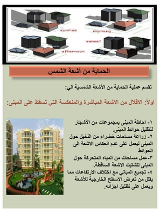 ‫أشعة‬ ‫من‬ ‫الحماية‬
‫الشمس‬
١
-
‫األشجار‬ ‫من‬ ‫بمجموعات‬ ‫المبنى‬ ‫احاطة‬
‫حوائط‬ ‫لتظليل‬
‫المبنى‬
.
٢
-
‫حول‬ ‫النخيل‬ ‫من‬ ‫خضراء‬ ‫مساحات‬ ‫زراعة‬
‫الى‬ ‫االشعة‬ ‫انعكاس‬ ‫عدم‬ ‫على‬ ‫ليعمل‬ ‫المبنى‬
‫الحوائط‬
٣
-
‫عمل‬
‫حول‬ ‫المتحركة‬ ‫المياه‬ ‫من‬ ‫مساحات‬
‫االشعة‬ ‫لتشتيت‬ ‫المبنى‬
‫الساقطة‬
.
٤
-
‫مما‬ ‫االرتفاعات‬ ‫اختالف‬ ‫مع‬ ‫المباني‬ ‫تجميع‬
‫لألشعة‬ ‫الخارجية‬ ‫االسطح‬ ‫تعرض‬ ‫من‬ ‫يقلل‬
‫اجزائه‬ ‫تظليل‬ ‫على‬ ‫ويعمل‬
.
‫الي‬ ‫الشمسية‬ ‫األشعة‬ ‫من‬ ‫الحماية‬ ‫عملية‬ ‫تقسم‬
:
ً‫ال‬‫او‬
:
‫المباشرة‬ ‫االشعة‬ ‫من‬ ‫االقالل‬
‫والمنعكسة‬
‫على‬ ‫تسقط‬ ‫التي‬
‫المبنى‬
:
 