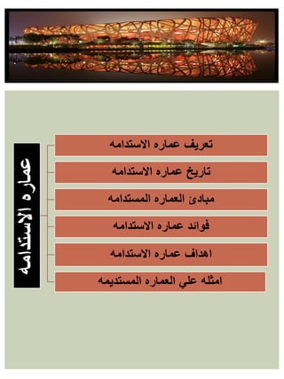 ‫االستدامه‬
‫عماره‬
‫االستدامه‬ ‫عماره‬ ‫تعريف‬
‫االستدامه‬ ‫عماره‬ ‫تاريخ‬
‫المستدامه‬ ‫العماره‬ ‫مبادئ‬
‫االستدامه‬ ‫عماره‬ ‫فوائد‬
‫االستدامه‬ ‫عماره‬ ‫اهداف‬
‫المستديمه‬ ‫العماره‬ ‫علي‬ ‫امثله‬
 