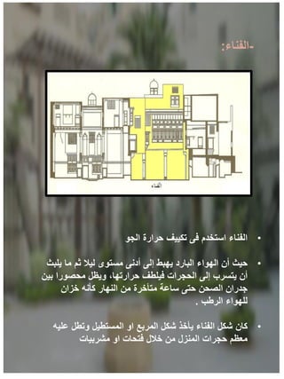 •
‫الجو‬ ‫حرارة‬ ‫تكييف‬ ‫فى‬ ‫استخدم‬ ‫الفناء‬
•
‫حيث‬
‫يلبث‬ ‫ما‬ ‫ثم‬ ‫ليال‬ ‫مستوى‬ ‫أدنى‬ ‫إلى‬ ‫يهبط‬ ‫البارد‬ ‫الهواء‬ ‫أن‬
‫بين‬ ‫محصورا‬ ‫ويظل‬ ،‫حرارتها‬ ‫فيلطف‬ ‫الحجرات‬ ‫إلى‬ ‫يتسرب‬ ‫أن‬
‫خزان‬ ‫كأنه‬ ‫النهار‬ ‫من‬ ‫متأخرة‬ ‫ساعة‬ ‫حتى‬ ‫الصحن‬ ‫جدران‬
‫الرطب‬ ‫للهواء‬
.
•
‫كان‬
‫عليه‬ ‫وتطل‬ ‫المستطيل‬ ‫او‬ ‫المربع‬ ‫شكل‬ ‫يأخذ‬ ‫الفناء‬ ‫شكل‬
‫مشربيات‬ ‫او‬ ‫فتحات‬ ‫خالل‬ ‫من‬ ‫المنزل‬ ‫حجرات‬ ‫معظم‬
-
‫الفناء‬
:
 