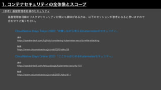 CloudNative Days Tokyo 2020「攻撃しながら考えるKubernetesのセキュリティ」
 資料
 https://speakerdeck.com/fujiihda/considering-kubernetes-security-while-attacking
 動画
 https://event.cloudnativedays.jp/cndt2020/talks/26
CloudNative Days Online 2021「ここからはじめるKubernetesセキュリティ」
 資料
 https://speakerdeck.com/tetsuyaisogai/kubernetes-security-101
 動画
 https://event.cloudnativedays.jp/cndo2021/talks/611
基盤管理者目線のリスクやセキュリティ対策にも興味がある方は、以下のセッションが参考になると思いますので
合わせてご覧ください。
（参考）基盤管理者目線のセキュリティ
1. コンテナセキュリティの全体像とスコープ
 